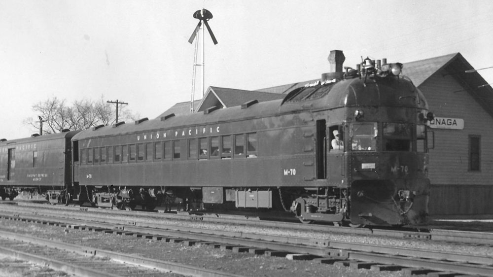 A motor car that was used to transport passengers, goods, and mail from Marysville through Onaga until 1955. Even though the depot was torn down, the Union Pacific Railroad continues to run through Onaga mainly transporting coal to a power plant.
