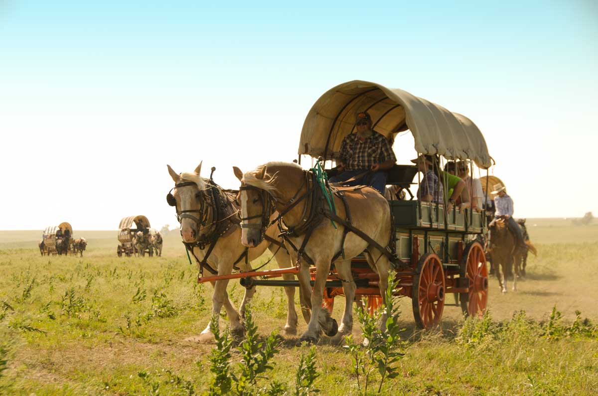 A line of covered wagons